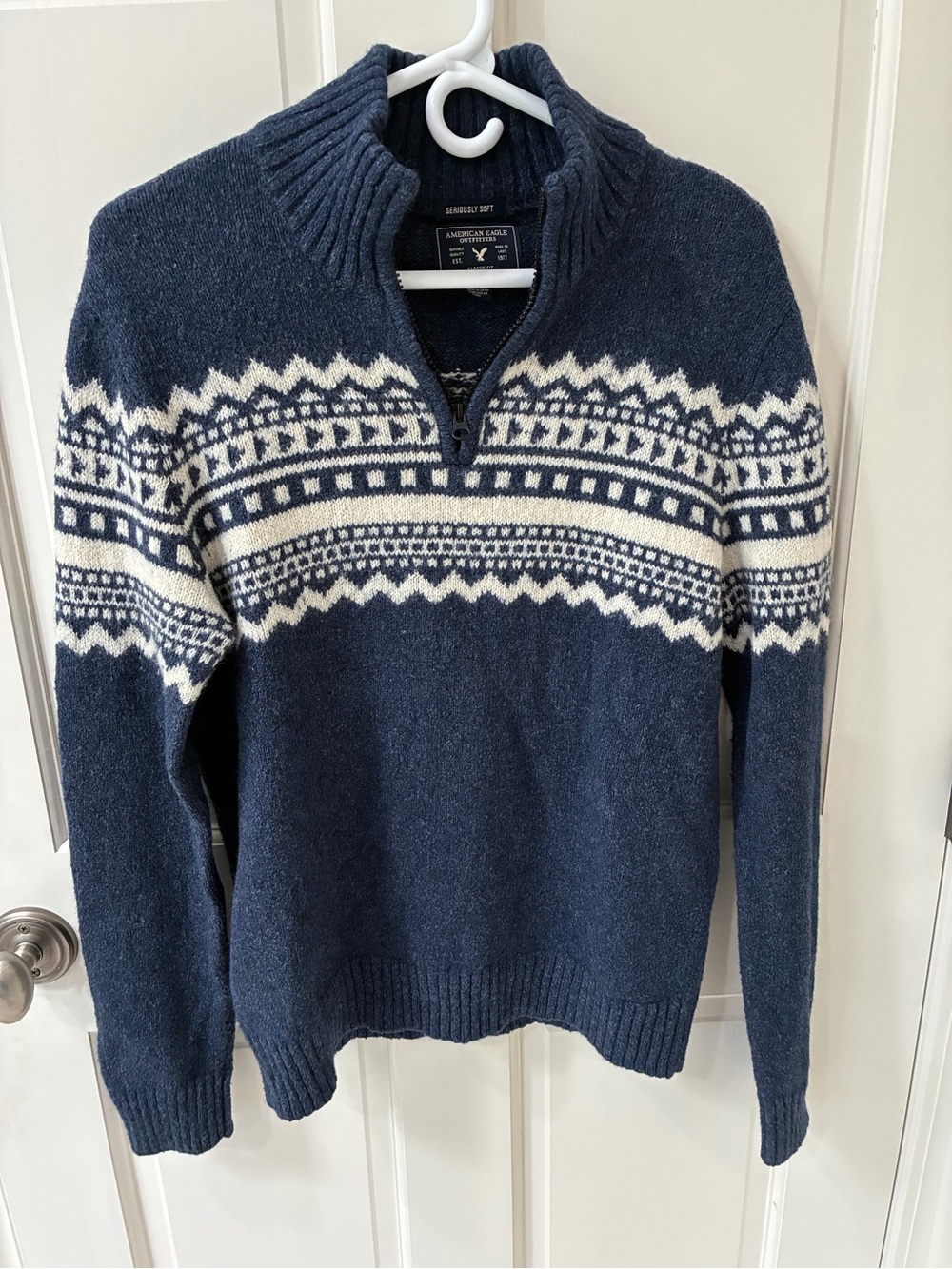 American Eagle Outfitters Navy and White Fair Isle Half-Zip Sweater